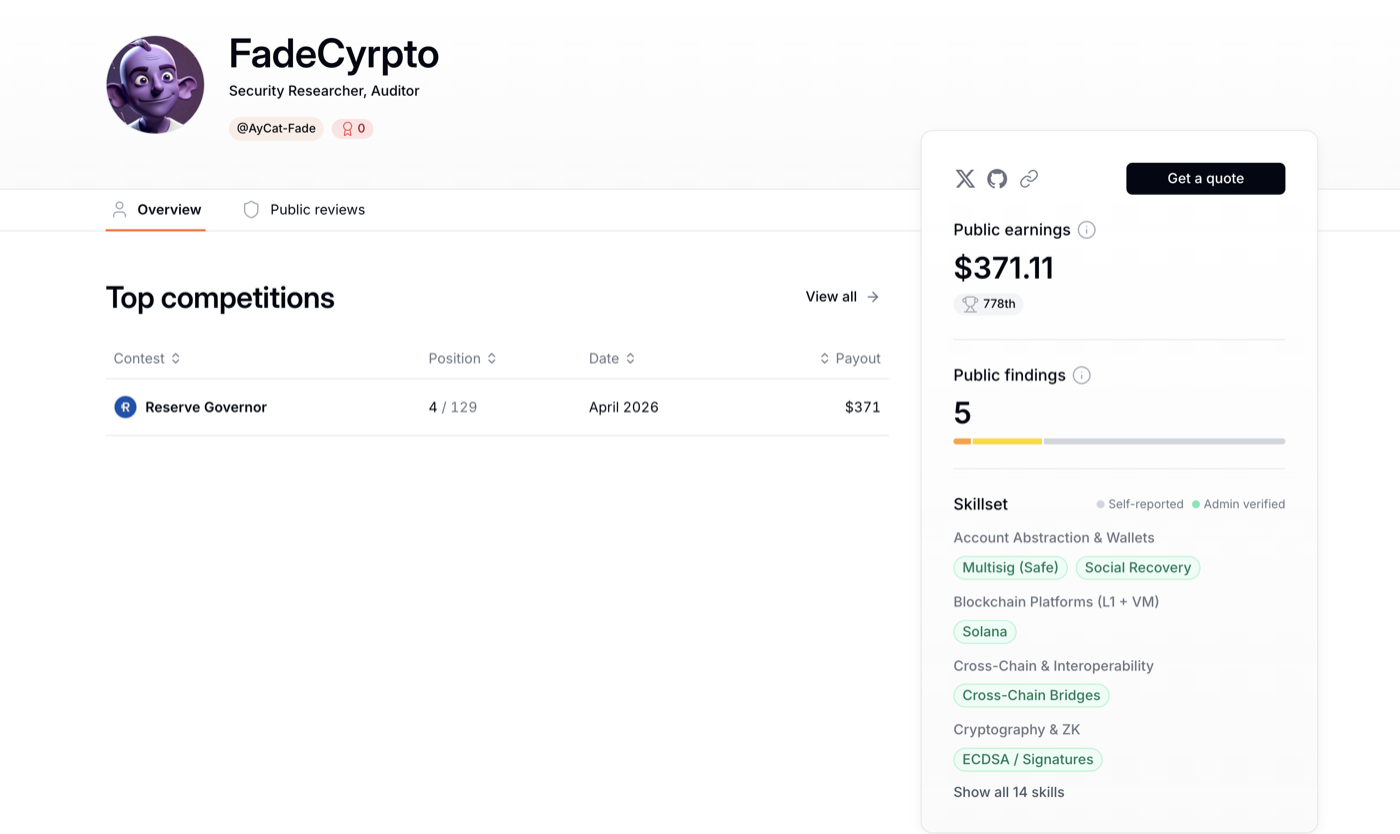 Fade's Cantina security researcher profile and public findings