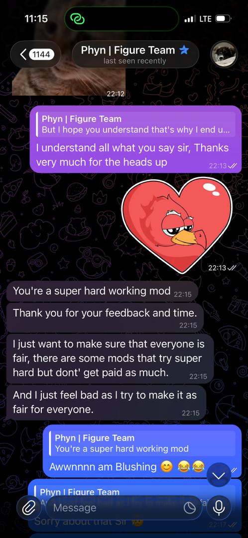 Team feedback recognizing Fade as a hardworking moderator