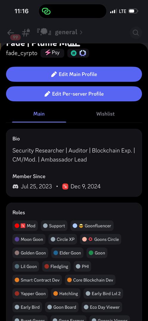 Fade's Plume Discord profile showing moderator and support roles