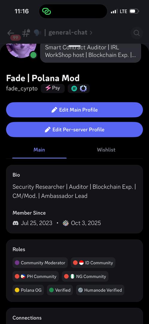 Fade's Polana Discord profile showing the Community Moderator role